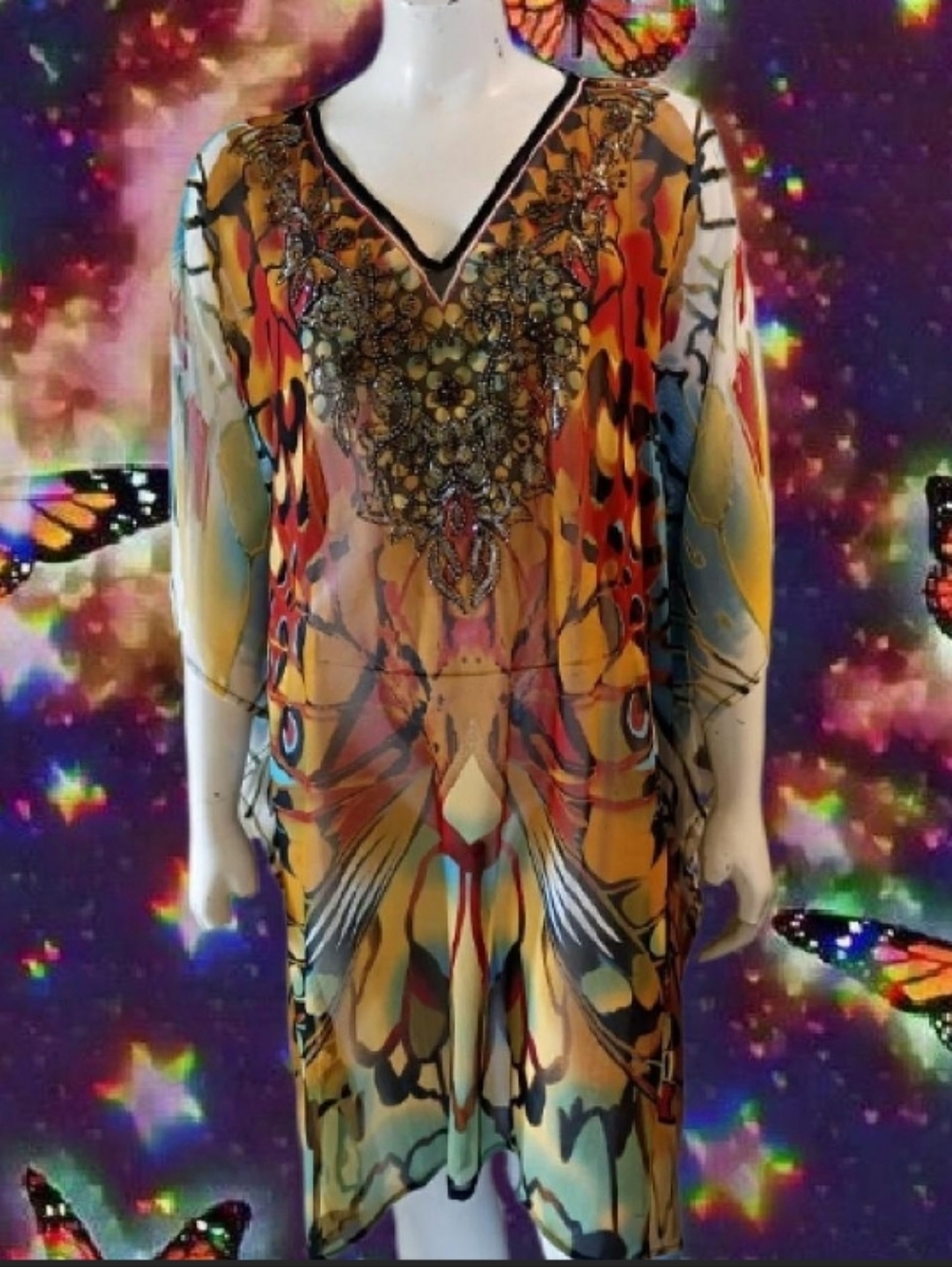 Midnight Velvet one size bead & sequin embellished Butterfly  Kaftan Cover Up